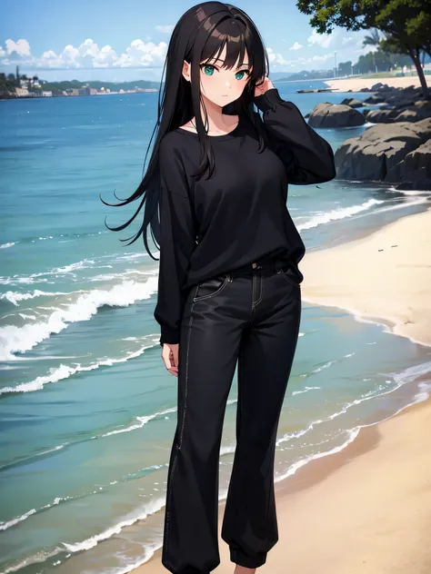 1 girl, mature woman, green eyes、black long hair、casual clothes、blue sweater、long pants、bow, highest quality, hire, detailed face, along the coast、pose on the beach、 detailed background, Depth of written boundary, Bokeh