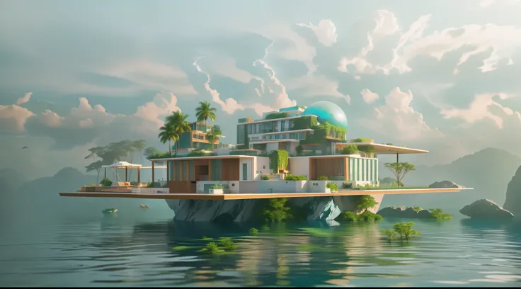 There is a floating city，There is a swimming pool and a rock, floating island, floating urban green plants, Art style of Philip Hodas, inspired by Filip Hodas, Daily rendering, super rendered in octane rendering, architectural rendering, Floating buildings...