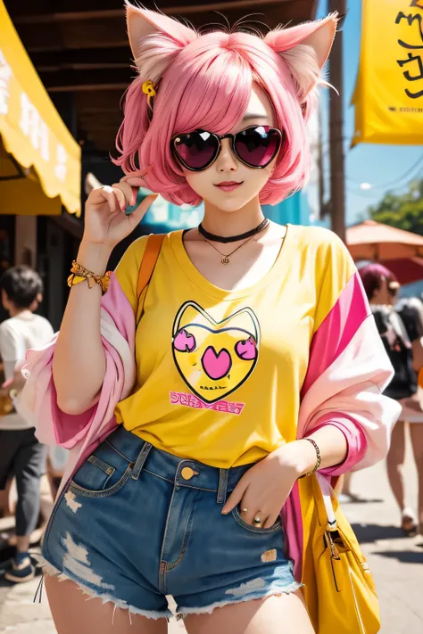 Funny portrait cute kitty with a heart shaped sunglases , in the style of yoh nagao, lively tavern scenes, outdoors and, yellow and pink, drugcore, cult party kei, fragmented advertising, playful use of line.