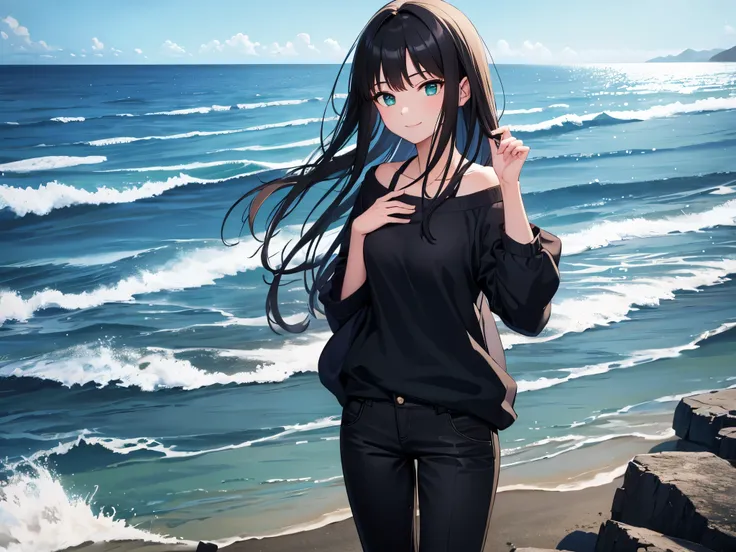 1 girl, mature woman, green eyes、black long hair、casual clothes、blue sweater、long pants、smile gently、bow, highest quality, hire, detailed face, along the coast、pose on the beach、 detailed background, Depth of written boundary, Bokeh