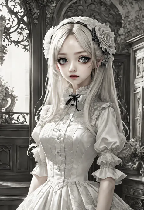 A masterpiece of gothic horror painting,((Beautiful girl standing:Gothic Lolita:12 years old:Temporary:beautiful girl:cute:adorable:perfect face:white people:eyelash:Big eyes)),gothic house,look back,black and white,そのadorable少女の正体は家族を皆殺しにする殺人鬼です,Famous ev...