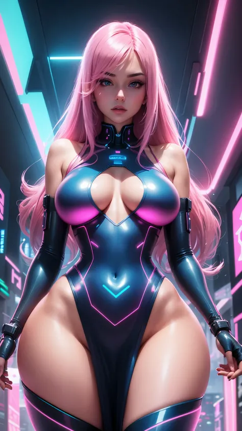 Gorgeous girl, big breasts, big ass, Thin waist, open legs, high facial detail, ((pink futuristic sexy dress)), cyberpunk, ((blue long hair)), City of the future, hologram, neon lighting, ultra detailed, A high resolution, Masterpiece, high quality, ultra ...