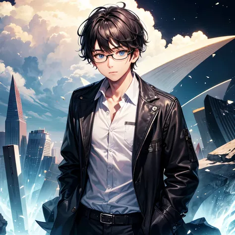 1boy ,wear cardigan, black hair with white highlight, blue eyes, wallpaper, landscape, night, light particles, light rays, sidelighting, wear glasses, open jacket, cloud