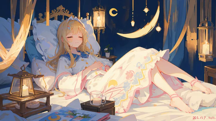 (masterpiece, high quality, detailed), 1 woman, (close one&#39;s eyes:1.2), (peaceful sleeping face:1.5), (a little smile)big and fluffy blonde, long hair, busty, baggy white pajamas, in bed, There are a lot of pillows, dreamy, comfortable, night time, cre...