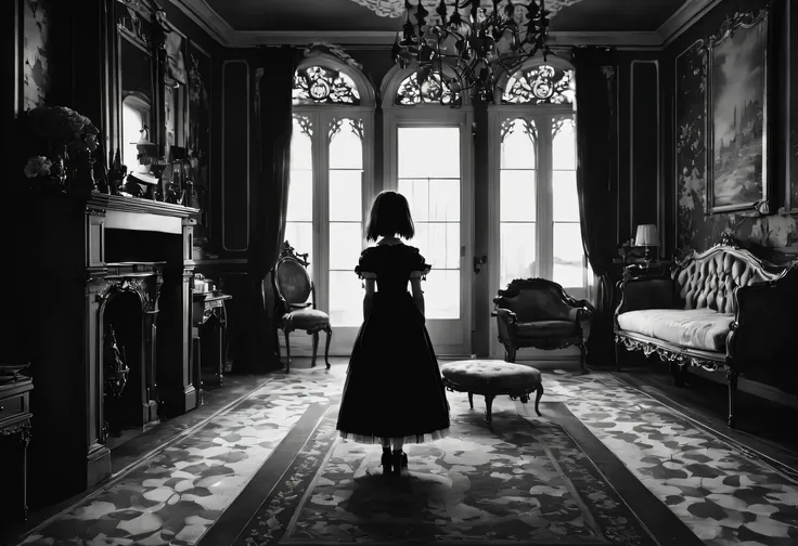 Gothic horror masterpiece,((Beautiful girl standing:Gothic Lolita:12 years old:Temporary:beautiful girl:cute:adorable)),gothic house,look back,black and white,そのadorable少女の正体は家族を皆殺しにする殺人鬼です,Famous events made into movies,scary but beautiful,Gothic Beauty,e...