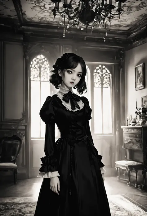 Gothic horror masterpiece,((Beautiful girl standing:Gothic Lolita:12 years old:Temporary:beautiful girl:cute:adorable)),gothic house,look back,black and white,そのadorable少女の正体は家族を皆殺しにする殺人鬼です,Famous events made into movies,scary but beautiful,Gothic Beauty,e...