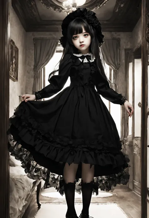 Gothic horror masterpiece,((Beautiful girl standing:Gothic Lolita:12 years old:Temporary:beautiful girl:cute:adorable)),gothic house,look back,black and white,そのadorable少女は家族を皆殺しにする殺人鬼です,Famous events made into movies,scary but beautiful,Gothic Beauty,expr...