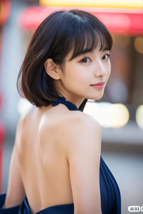 (highest quality、8k、32K、masterpiece、Hmm、:1.2)、One piece with a visible back、Beautiful woman posing for photo, Rear view, back pose, thick, teeth,Return from tone, Differences in shape tone, bob hair、22 year old Japanese woman、cute、detailed face