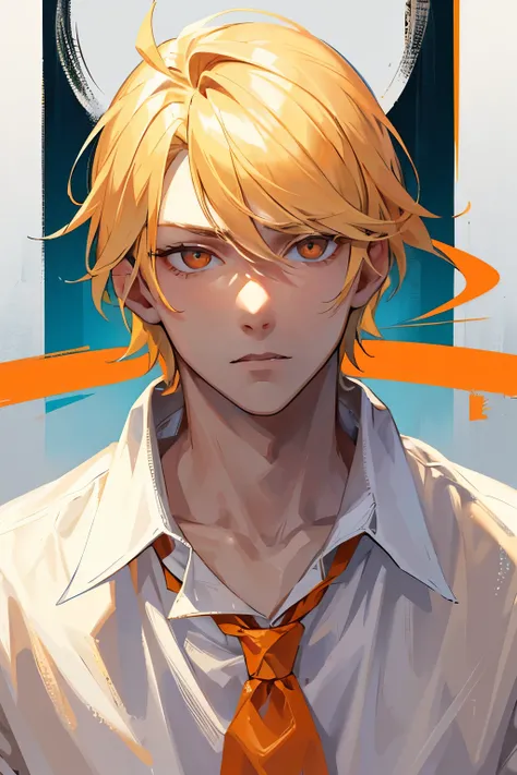 A perfect portrait of a blonde europian boy, sharp eyes, orange eyes, wearing white shirt, bad boy clothing, bad boy hairstyle, no bangs, aggressive eyes