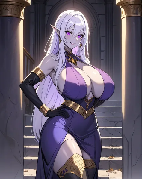 olga discordia, long white hair, long elf ears, dark elf, colored skin, blue skin, hair stick, bangs, violet eyes, solo, smiling, standing, upper body, hips, bare shoulders,purple thighhighs,violet dress, gold jewelry,armor,gloves,circlet, cleavage, red an...