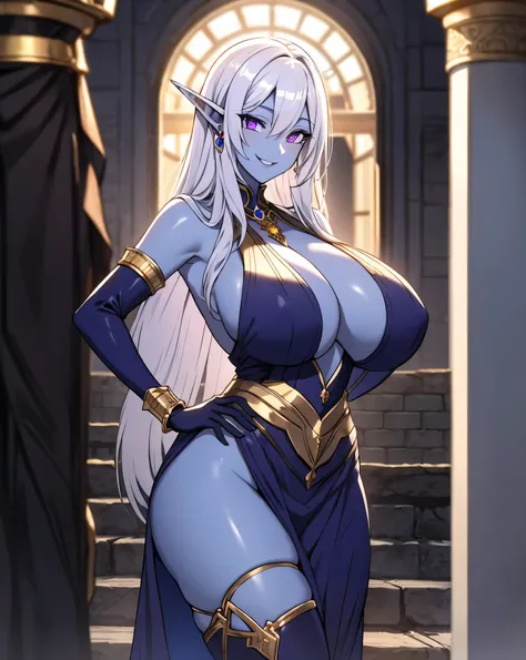 olga discordia, long white hair, long elf ears, dark elf, colored skin, blue skin, hair stick, bangs, violet eyes, solo, smiling, standing, upper body, hips, bare shoulders,purple thighhighs,violet dress, gold jewelry,armor,gloves,circlet, cleavage, red an...