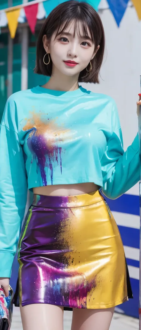 Colorful idol covered in paint、whole body、good style、、、、、Paint-covered business suit（tight mini skirt）、colorful hair、Building covered in paint