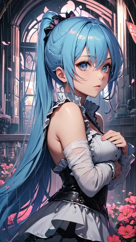 最high quality、best image quality、masterpiece、girl((20-year-old、 By becoming、vest bust、medium bust,wide open breast tea、shining eyes, light blue hair、long hair、thin,highest valley、ponytail、action of looking up、bandage、black dress、long skirt、Rear view、emphas...