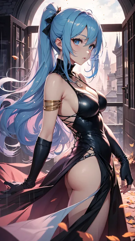 最high quality、best image quality、masterpiece、girl((20-year-old、 By becoming、vest bust、medium bust,wide open breast tea、shining eyes, light blue hair、long hair、thin,highest valley、ponytail、action of looking up、bandage、black dress、long skirt、Rear view、emphas...