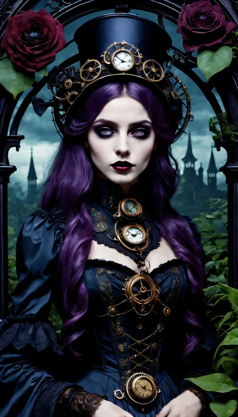 (gothic aesthetics,victorian style,steampunk,dark,romantic,unforgettable,) in a dark, mysterious environment, a girl with a vict...