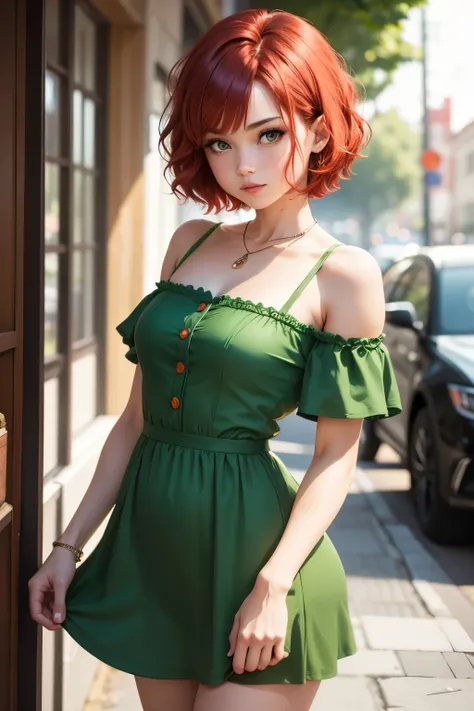 Cute girl, short red hair, green dress