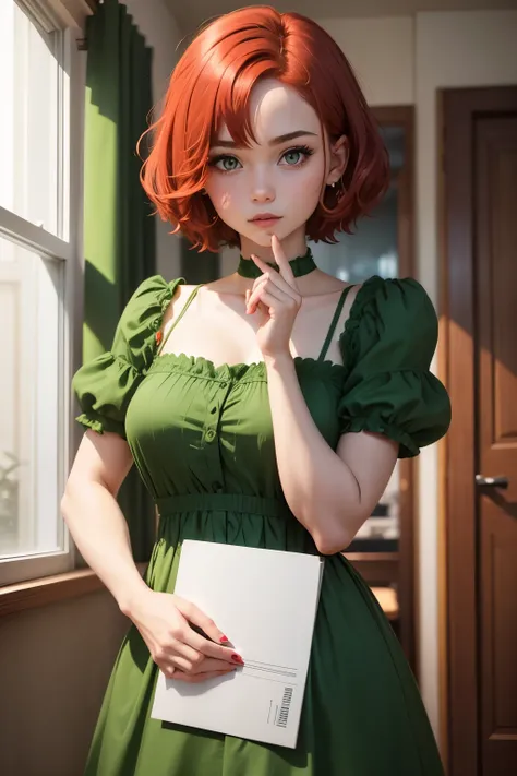 Cute girl, short red hair, green dress