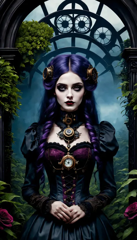 (gothic aesthetics,victorian style,steampunk,dark,romantic,unforgettable,) in a dark, mysterious environment, a girl with a vict...