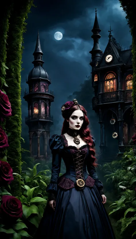 (gothic aesthetics,victorian style,steampunk,dark,romantic,unforgettable,) in a dark, mysterious environment, a girl with a vict...