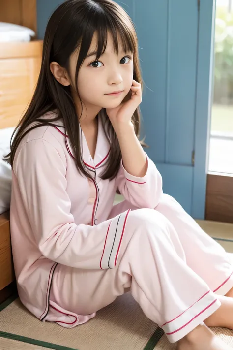 Japanese,10 years old,innocent face,teenage girl,cute,primary school student,pajamas,summer clothes,sitting