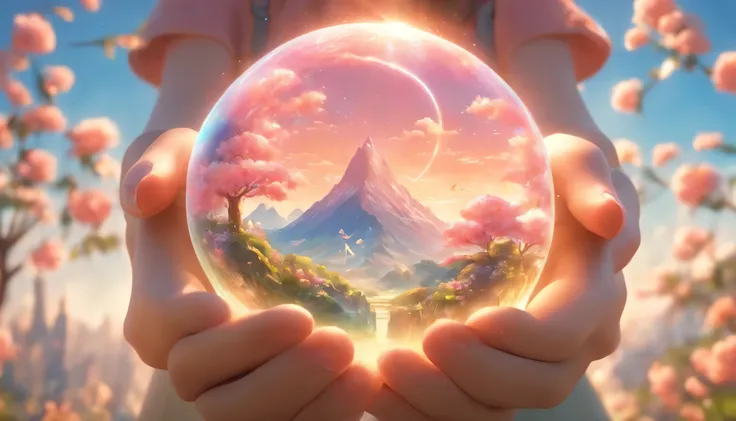 Globe held in the hand of a woman holding flowers, Landscape style in pastel colors, Daz 3D, mark keathley, environmental activities, Vibrant bird illustration, disney animation, Joel Robison. ,highest quality