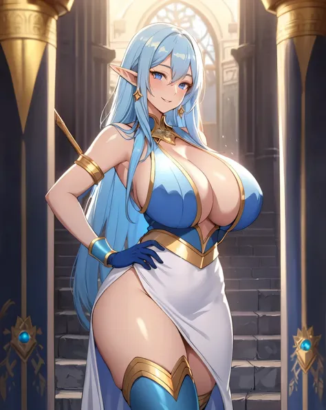 Lian, light blue hair, long elf ears, hair stick, bangs, blue eyes, solo, smiling, standing, upper body, hips, bare shoulders,purple thighhighs, white dress, gold jewelry,armor,gloves,circlet, cleavage, red and gold royal castle, gigantic breasts, (best qu...