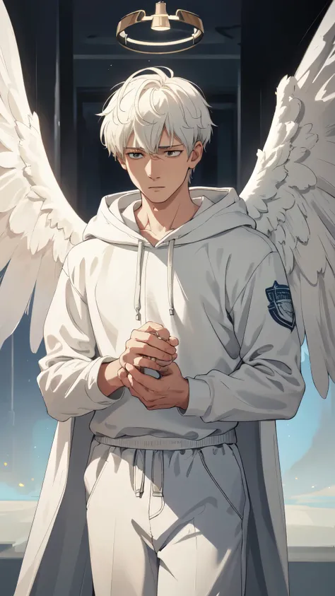 The Celestial Angels, Angels Descending from the Sky, (1man, 1boy, athletic:1.5), (sadness expression), hoody, angel wings, halo, realistic epic, soft cinematic portrait, Adobe Lightroom, Photo Lab, highly detailed, faded, (neutral colors: 1.2), (HDR: 1.4)...