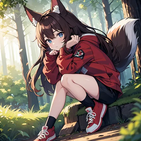 masterpiece, best quality, colorful, 4k, bloom, long hair, fluffy hair, brown hair, fox ears, blue eyes, bored, red hoodie, blac...