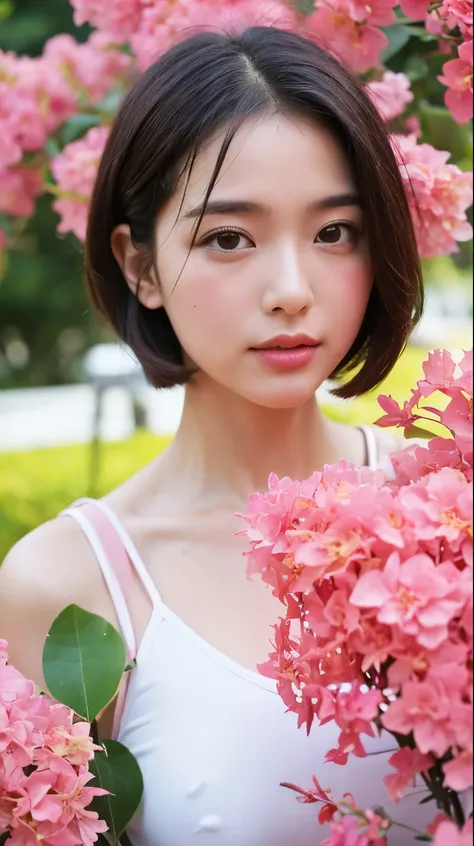 (highly detailed body, highly detailed face, highest quality:1.2) ,girl,girl,baby face, look at the audience, (pink good, jeaness of pink bougainvillea on background:1.4),Upper body,short cut hair