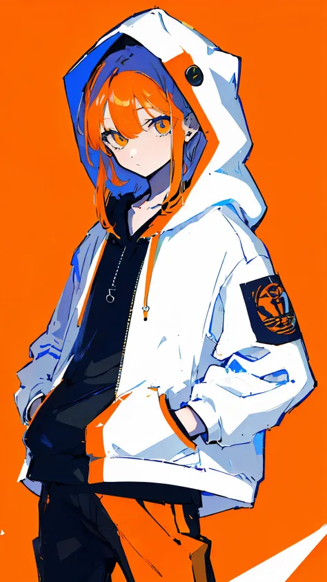 (masterpiece, highest quality:1.6), alone, thick outline, (pastel, simple background, light orange background, monochrome, light orange theme:1.2), official art, Key Visual, 8K, disorganized, whole body, (unique hair, oversized hoodie, hot pants, arch back...