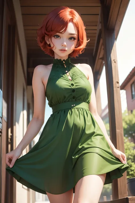 Cute girl, short red hair, green dress