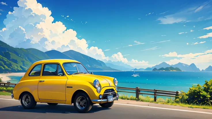 summer landscape、Ocean、Mountain、yellow car、Cars from the 1950s、rounded old car、load cargo onto the roof、Peaceful scenery、Running on the road、drive、camp、blue sky、beautiful scenery、wide field of view、(yellow car)、Small car