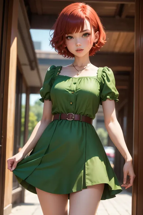 Cute girl, short red hair, green dress