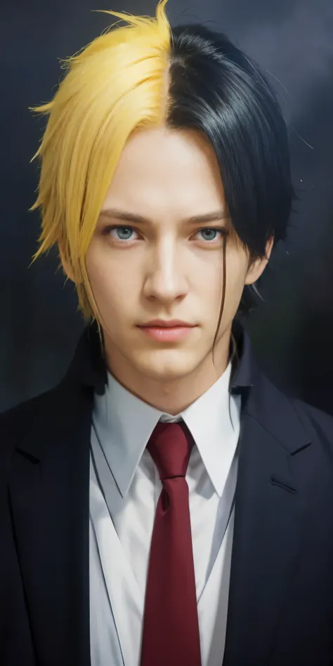 anime character with yellow hair and red tie in front of a dark background, handsome guy in demon slayer art, key anime visuals, johan liebert mixed with alucard, dio brando, male anime character, kentaro miura manga art style, key anime art, tall anime gu...