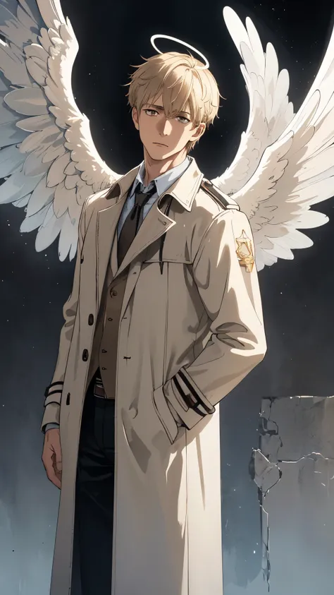 The Celestial Angels, Angels Descending from the Sky, (1man, 1boy, athletic:1.5), (sadness expression), brown trenchcoat, angel wings, halo, realistic epic, soft cinematic portrait, Adobe Lightroom, Photo Lab, highly detailed, faded, (neutral colors: 1.2),...