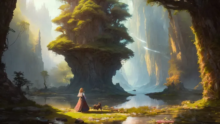 (by Greg Rutkowski: 1.2), (masterpiece), ((best quality)), extremely delicate and beautiful, illustration, (fantasy landscape), A mesmerizing fantasy with enchanting elements blending seamlessly. ((theater of dimension)), A sense of tranquility and wonder ...