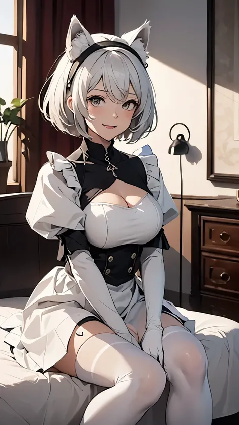 table top　High level image quality　best image quality　8k　 adult woman　portrait　white long gloves（elbow gloves）　white pantyhose　Maid clothes（sleevelesini skirt　white wolf ears　short hair（（shortcut）（gray hair）（perm）（fluffy））　eye color is blue　attractive face...