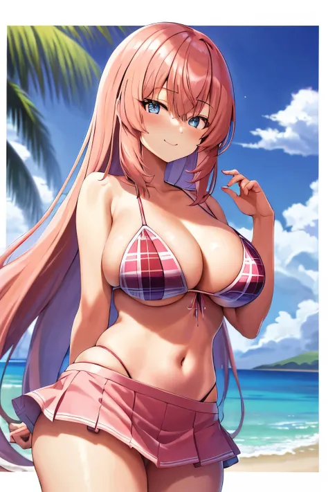 Big tits, masterpiece, best quality, highres, 1girl, ichinose honami, The landscape,With gorgeous pink hair,a blue eyes,Bigchest,(highdetailskin:1.2),laced dress,the shy,Happy,face flushed,Elegant, Ultra small and tight bikini, she wear only bikini, Smooth...