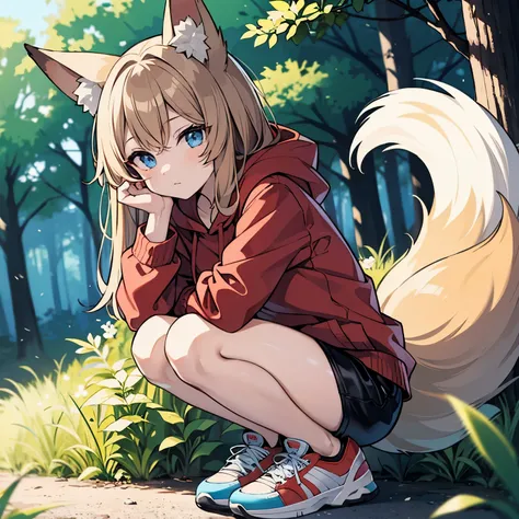 masterpiece, best quality, colorful, 4k, bloom, long hair, fluffy hair, light brown hair, fox ears, blue eyes, bored, red hoodie...