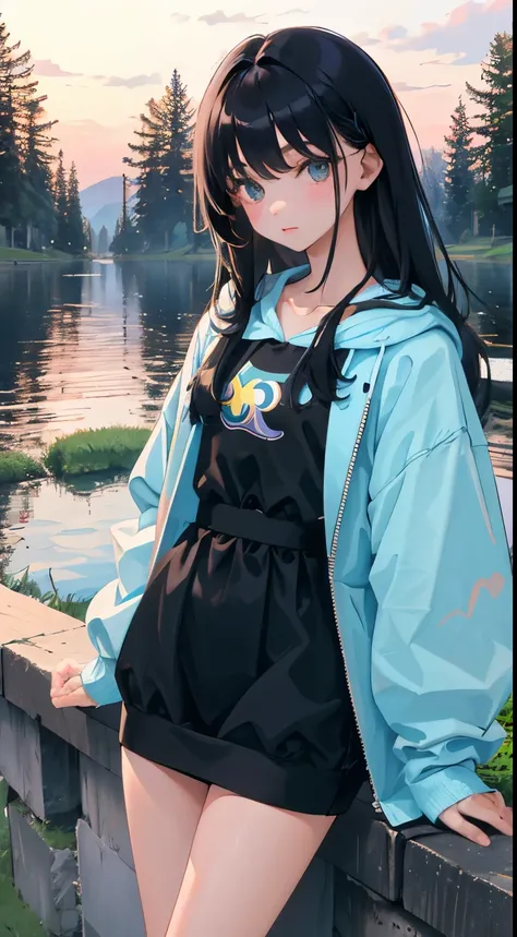 (short cute girl，small young student，young delicate girl）,（masterpiece，Top quality)，Pastel hoodies，long black hair, sea of trees