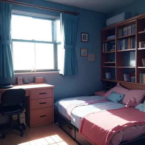 girl&#39;my room、room without windows、Cute bed、cute stuffed animals、A study desk that conveys your desire to study、bookshelf、窓からnight空が見える、curtains are closed、I can&#39;t see outside、nightの時間帯の部屋、The windows are small、the whole room is dark, Just a little ...