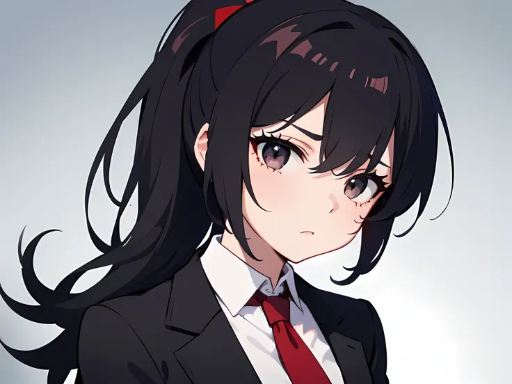 1 girl, Lightweight clothing, black medium hair, Ponytail, Black eyes, Red tie, White shirt, Above, Sad