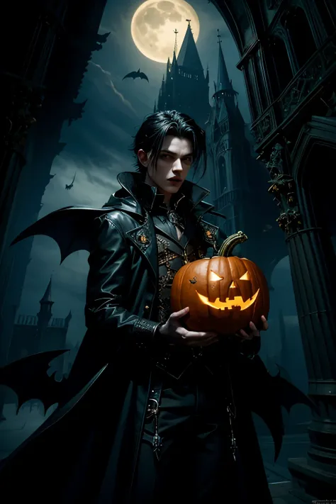 masterpiece,best quality,ultra high res,gothic style,1boy,solo,holloween ,vampire costume,pumkin,bat,dynamic angle,gothic,castle,dark,mysterious,haunting,dramatic,ornate,detailed,