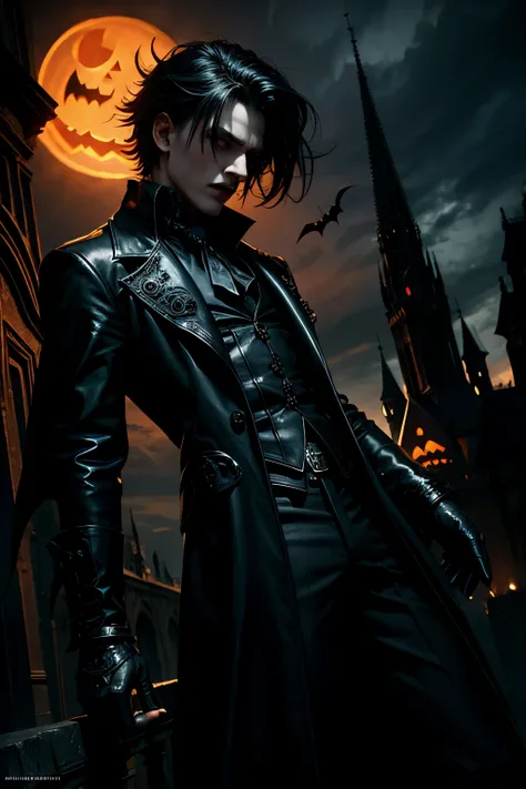 masterpiece,best quality,ultra high res,gothic style,1boy,solo,holloween ,vampire costume,pumkin,bat,dynamic angle,gothic,castle,dark,mysterious,haunting,dramatic,ornate,detailed,