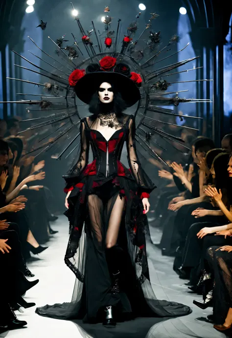 Gothic style red fashion show，darkness is always there，Beauty and warmth come from darkness，Gorgeous model，Weird tattoos and tattoos，waste plastic，scrap wire、used batteries，Oversized shabby bamboo hat，gear，Decadence scent，。Alexander mcqueen is called the G...