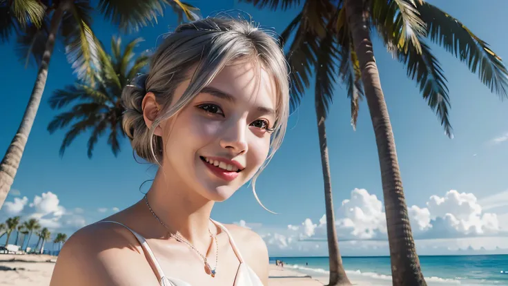 best quality, masterpiece, ultra high resolution, (realistic:1.4), RAW photos, 1 woman, silver hair,  formal updo,glowing skin, dramatic lighting,(laugh:1.2), palm tree, sunny weather, Beach, palm tree, sunny weather, Beach, palm tree, sunny weather, Beach...