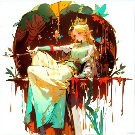 one sitting on the table、Drawing of woman holding skull, from, ((beautiful fantasy queen)), anime goddess, Elf wearing a crown，medieval，Western European Fantasy，animation art nouveau, Zelda style art,Ark of Tomorrow standing painting，Department of Forestry...