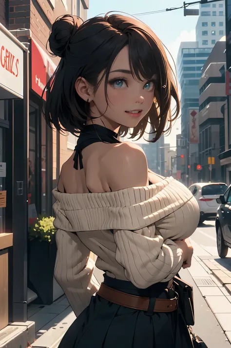 a 20 yo woman、Black blue Hair、poneyTail、Bun hair、Big smile、iridescent eye op fade:1.3)、dark themed、Muted Tones、Subdued Color、highly contrast、(natural skin textures、Hyper-Realism、Soft light、sharp)、8K、​masterpiece、 top-quality、The ultra -The high-definition、...