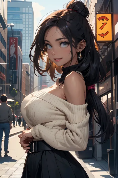 a 20 yo woman、Black blue Hair、poneyTail、Bun hair、Big smile、iridescent eye op fade:1.3)、dark themed、Muted Tones、Subdued Color、highly contrast、(natural skin textures、Hyper-Realism、Soft light、sharp)、8K、​masterpiece、 top-quality、The ultra -The high-definition、...