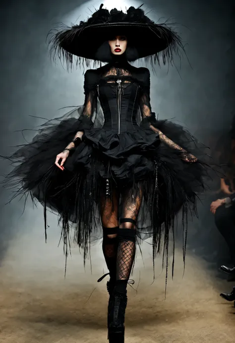 gothic style red fashion show，darkness is always there，beauty and warmth come from darkness，gorgeous model，long and beautiful le...